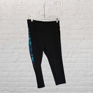 Gaiam Black Athletic Leggings Women Large Teal Graphic Side Panel‎ Yoga